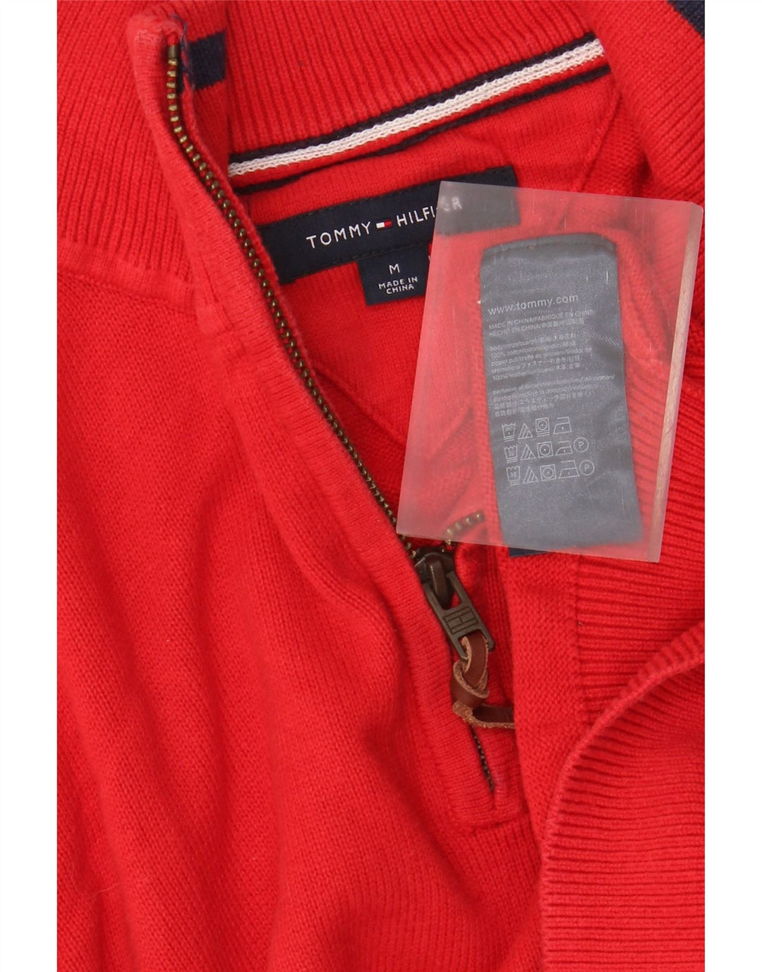 TOMMY HILFIGER Mens Zip Neck Jumper Sweater Medium Red Cotton