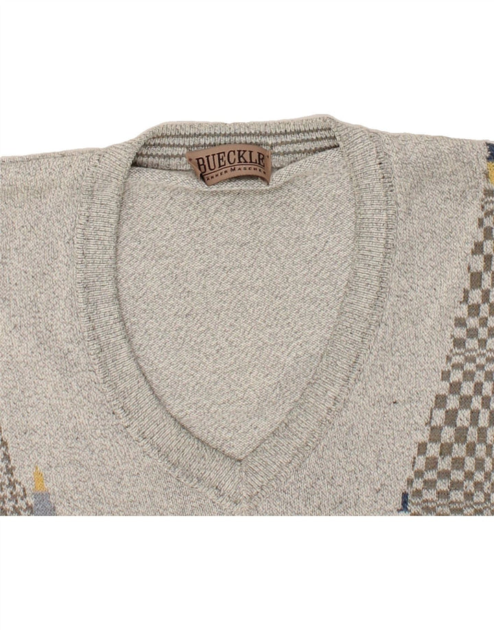 BUECKLE Mens V-Neck Jumper Sweater XL Grey Geometric Vintage Bueckle and Second-Hand Bueckle from Messina Hembry 