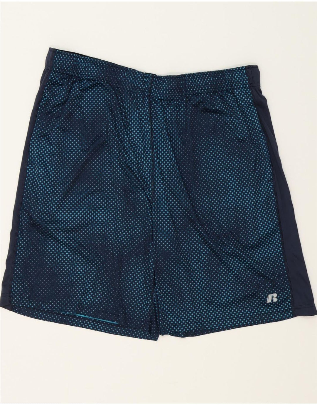 RUSSELL ATHLETIC Mens Abstract Pattern Sport Shorts XL  Blue Polyester Vintage Russell Athletic and Second-Hand Russell Athletic from Messina Hembry 