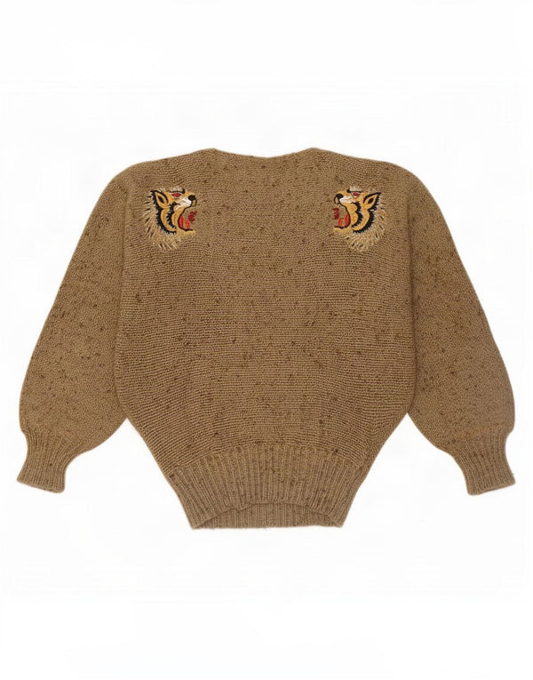 Vintage Womens Boat Neck Jumper Sweater UK 10 Small Beige Animal Print
