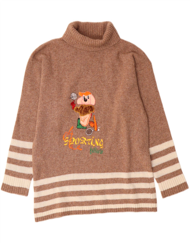 Vintage ženski dugi džemper s rol izrezom UK 14 srednje smeđe pruge