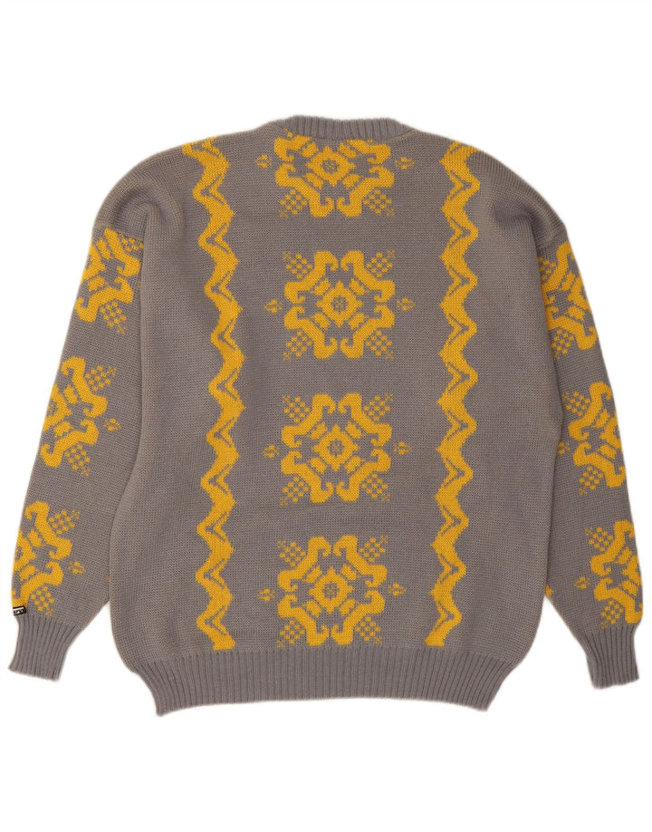 VINTAGE Mens Crew Neck Jumper Sweater Medium Grey Fair Isle Wool