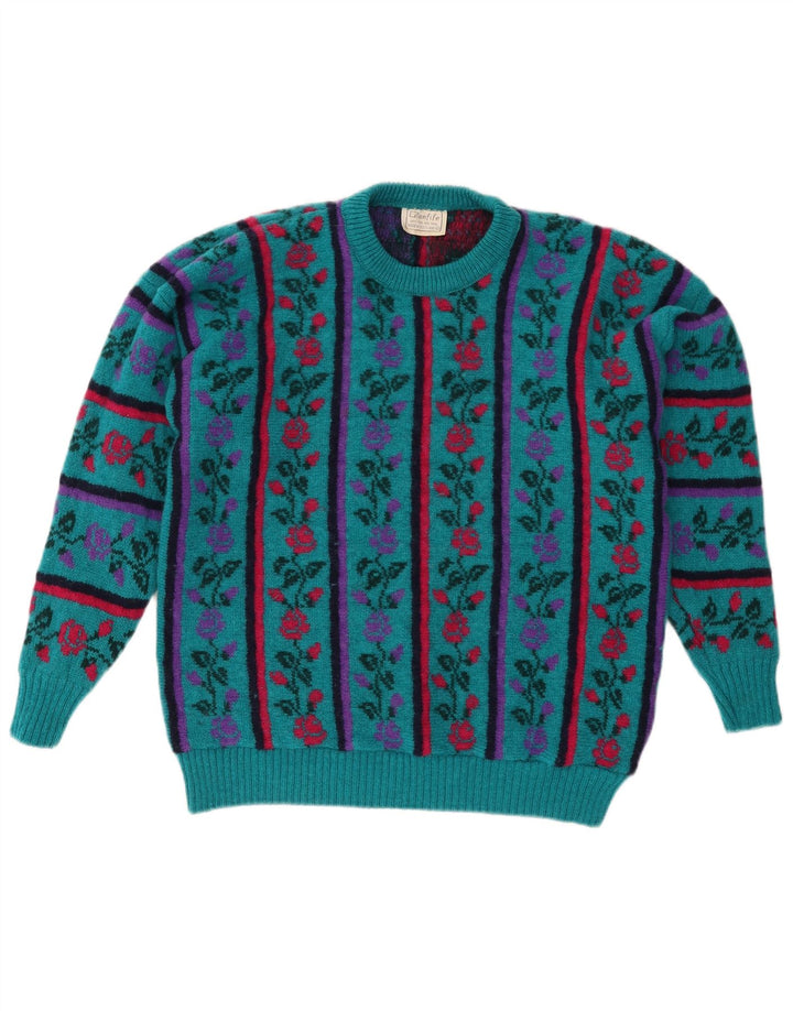 VINTAGE ženski džemper s okruglim izrezom UK 16 Veliki tirkizni cvjetni vuneni