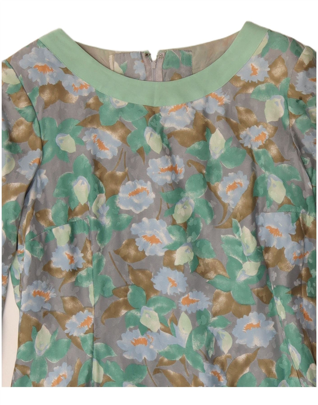 Vintage ženska plašt haljina dugih rukava UK 12 Srednje zelena cvjetna