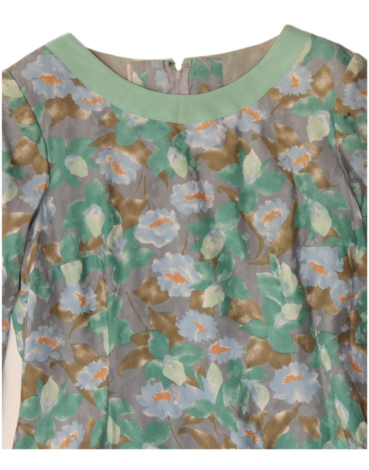 Vintage ženska plašt haljina dugih rukava UK 12 Srednje zelena cvjetna