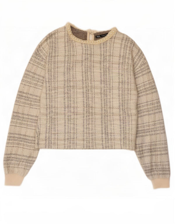 Zara ženska kratka bluza dugih rukava UK 10 mali bež karirani poliester