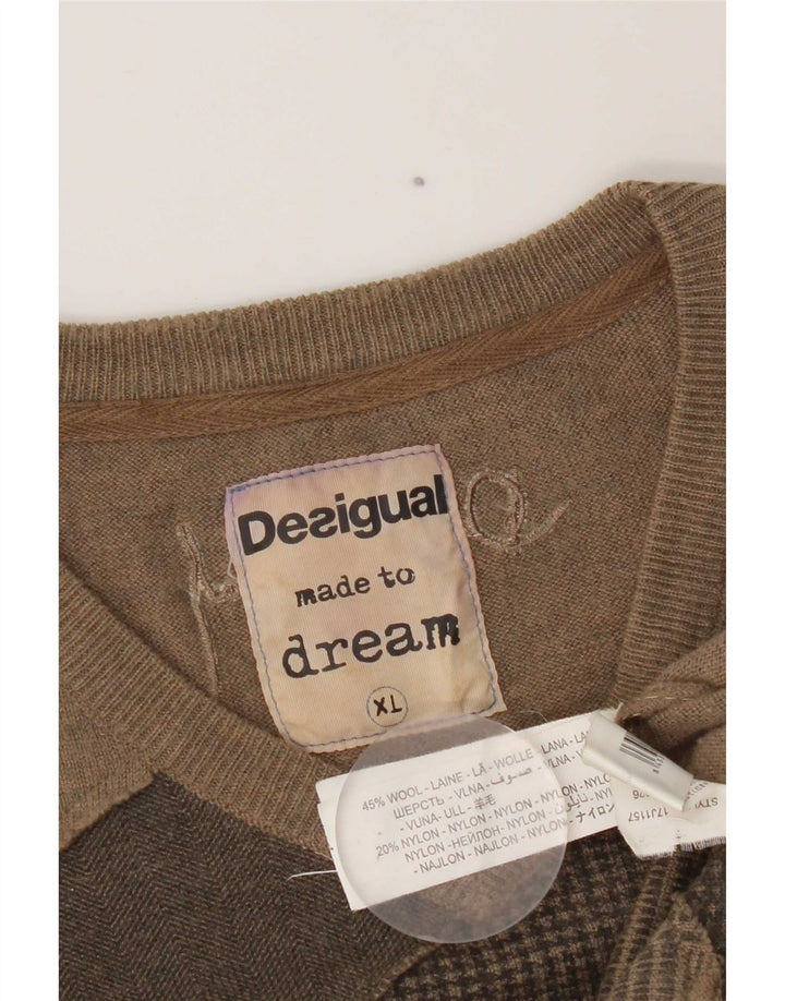 Desigual muški džemper s V-izrezom XL, smeđi moderni vuneni patchwork