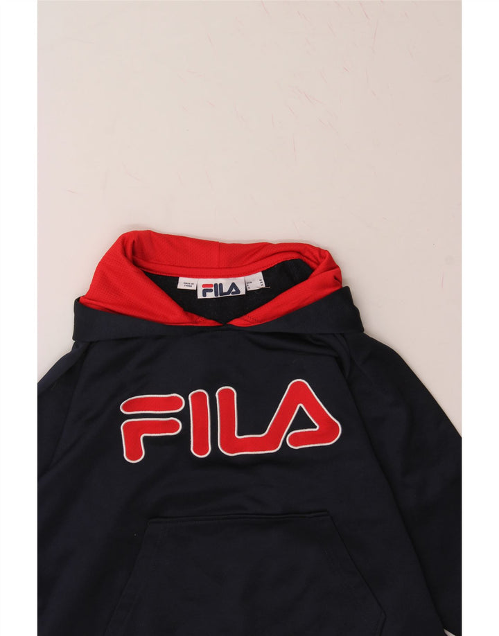 FILA Boys Graphic Hoodie Jumper 10-11 Years Medium Navy Blue Polyester Vintage Fila and Second-Hand Fila from Messina Hembry 