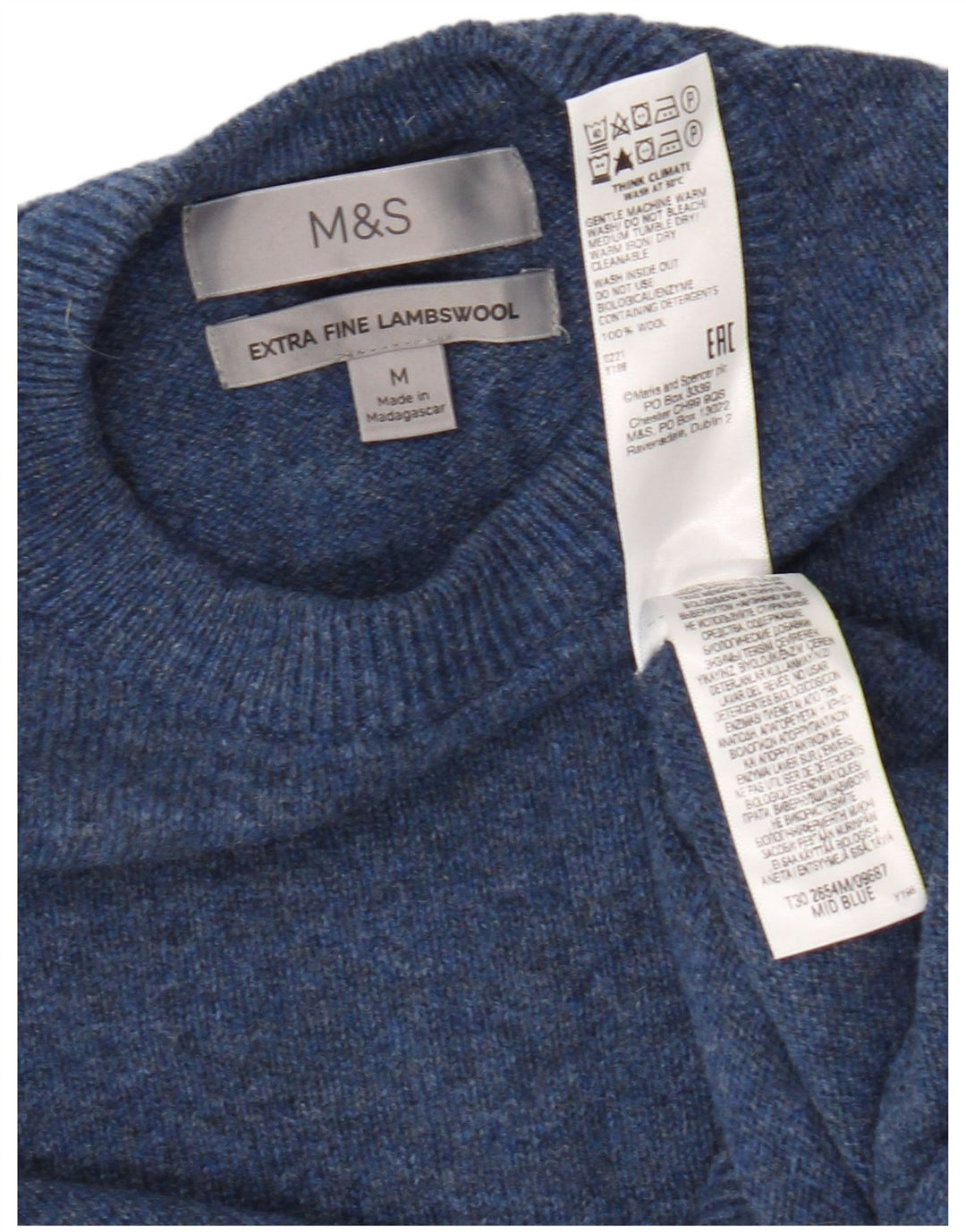 Marks & Spencer muški džemper s okruglim izrezom srednje plave vune
