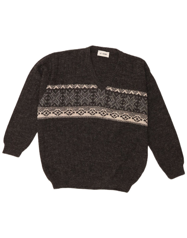 Vintage muški džemper s V-izrezom XL Siva Fair Isle vuna