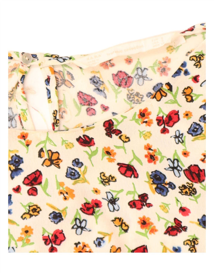 ZARA ženski gornji dio bluze 3/4 rukava UK 10 Small Off White Floral Viskoza