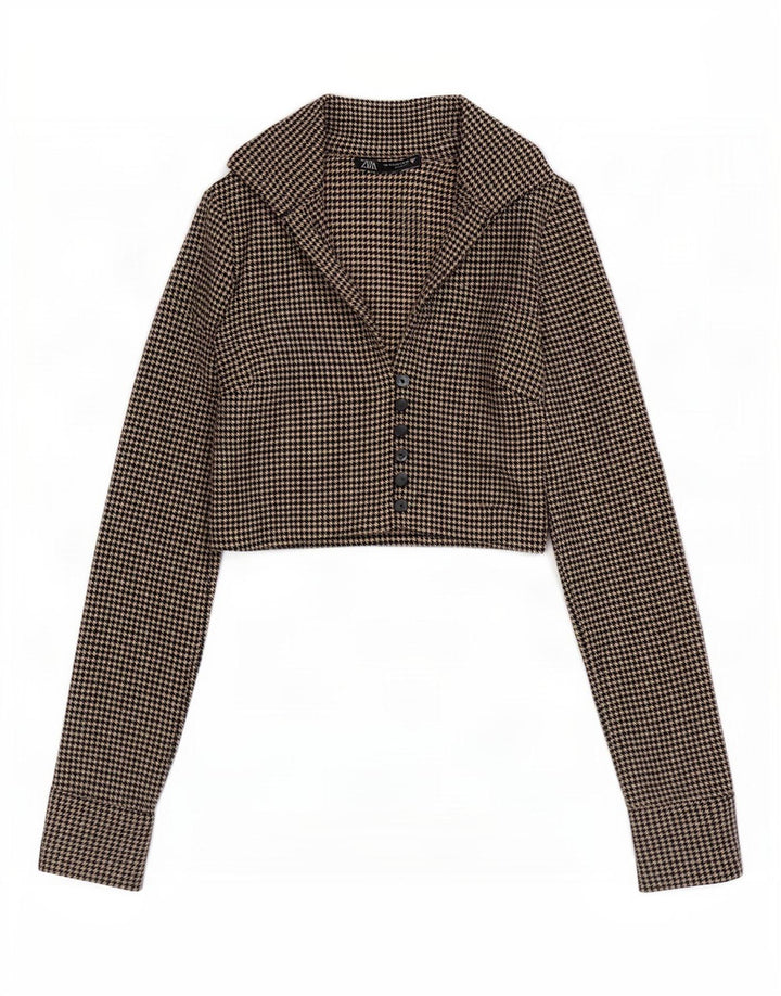 Zara ženska kratko košulja bluza UK 6 XS smeđa poliester s ptičijim zubima