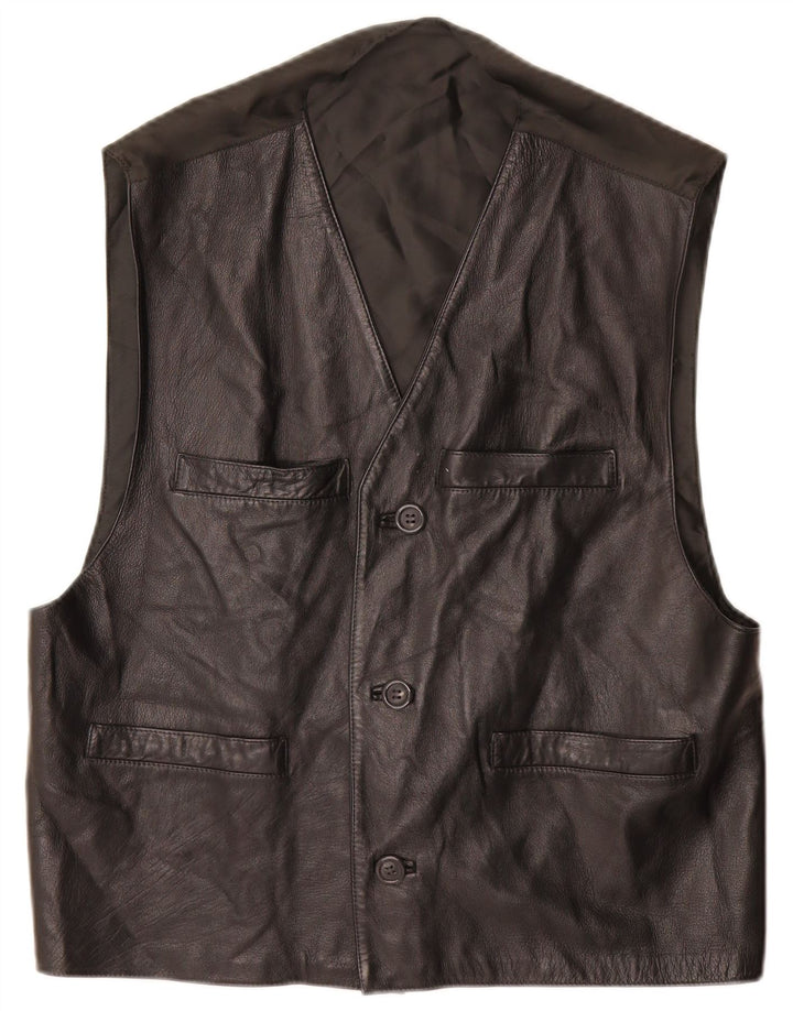 Vintage Mens Leather Waistcoat Large Black Leather
