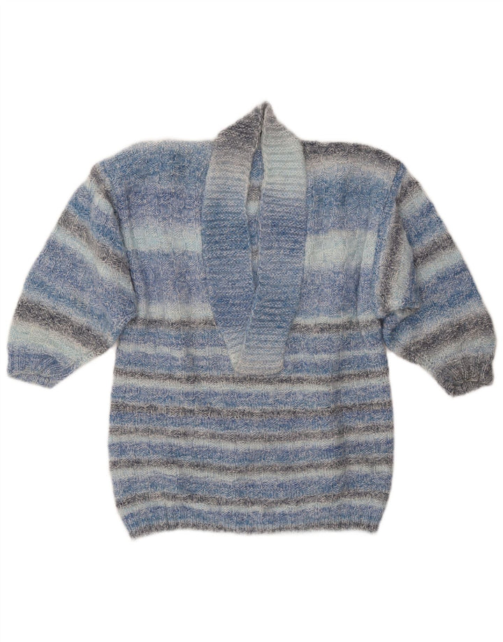 VINTAGE ženski džemper sa šal ovratnikom UK 14 srednje plave pruge