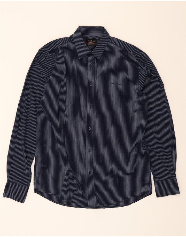 PIERRE CARDIN Mens Regular Fit Shirt Medium Navy Blue Striped Polyester Vintage Pierre Cardin and Second-Hand Pierre Cardin from Messina Hembry 