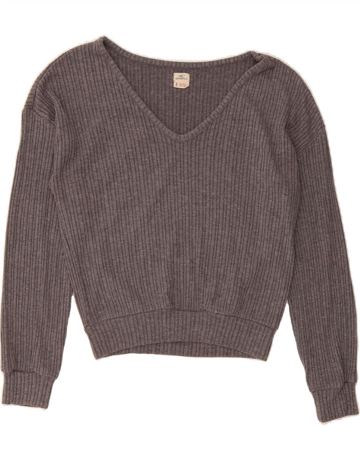 O'NEILL Womens Oversized V-Neck Jumper Sweater UK 10 Small Grey Striped Vintage O'Neill and Second-Hand O'Neill from Messina Hembry 