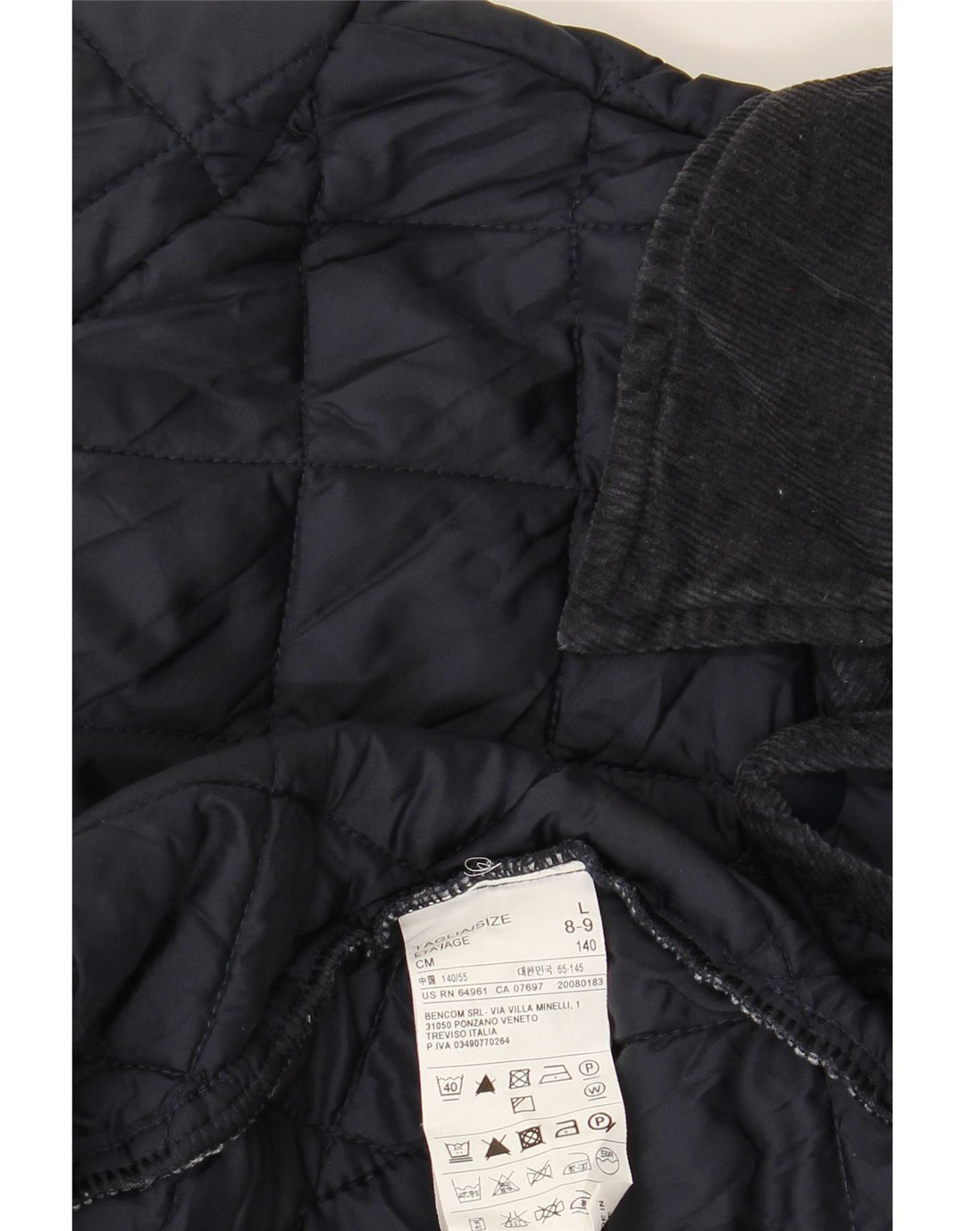 BENETTON Boys Quilted Jacket 8-9 Years Large Navy Blue Polyamide Vintage Benetton and Second-Hand Benetton from Messina Hembry 