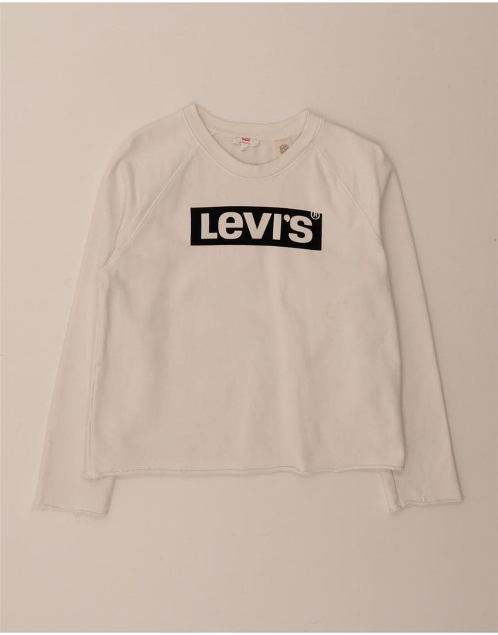 LEVI'S Womens Graphic Crop Sweatshirt Jumper UK 14 Medium Off White Cotton Vintage Levi's and Second-Hand Levi's from Messina Hembry 