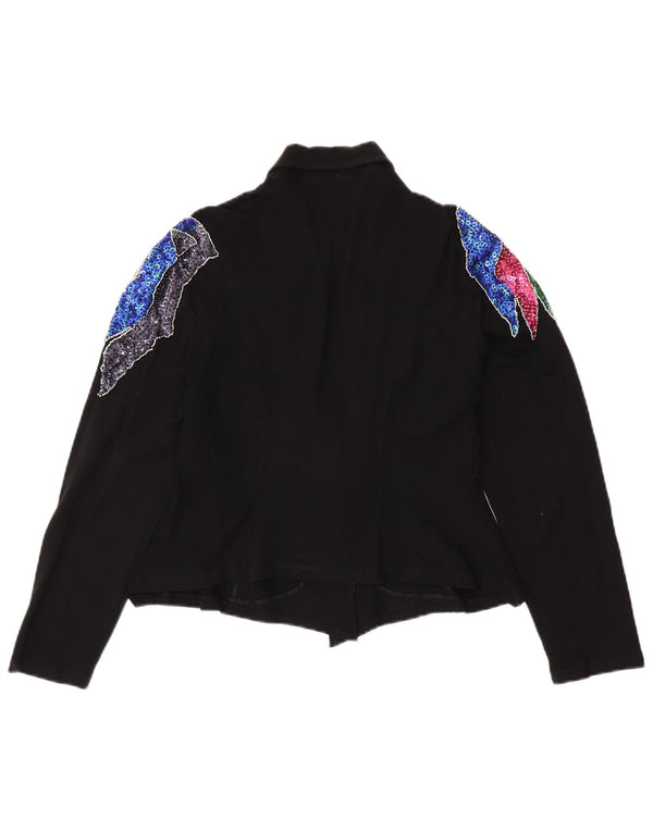 VINTAGE Ženska skraćena košulja bluza UK 12 Srednji crni cvjetni spandeks