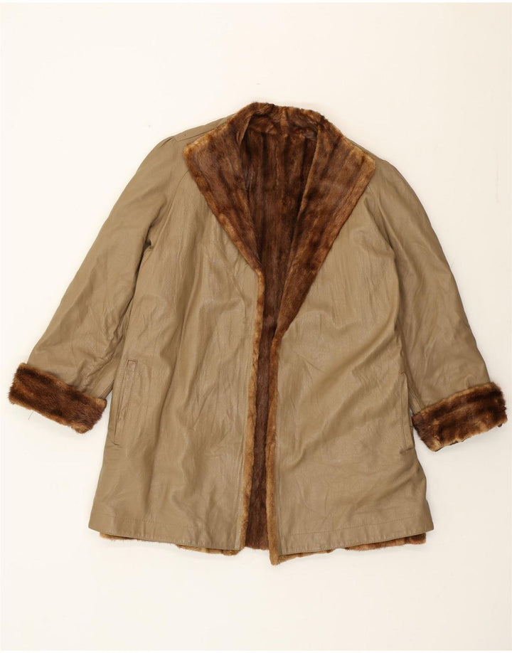 Vintage ženski krzneni kožni kaput UK 16 veliki bež