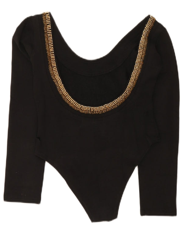 Vintage ženski bodi dugih rukava UK 12 srednje crni pamuk