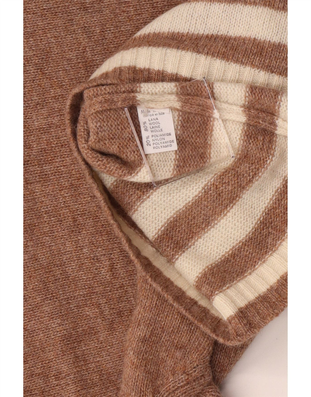 Vintage ženski dugi džemper s rol izrezom UK 14 srednje smeđe pruge