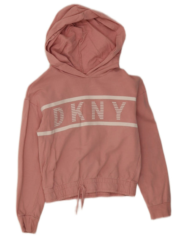 Dkny Girls Graphic Hoodie Jumper 7-8 Years Pink Colourblock Cotton