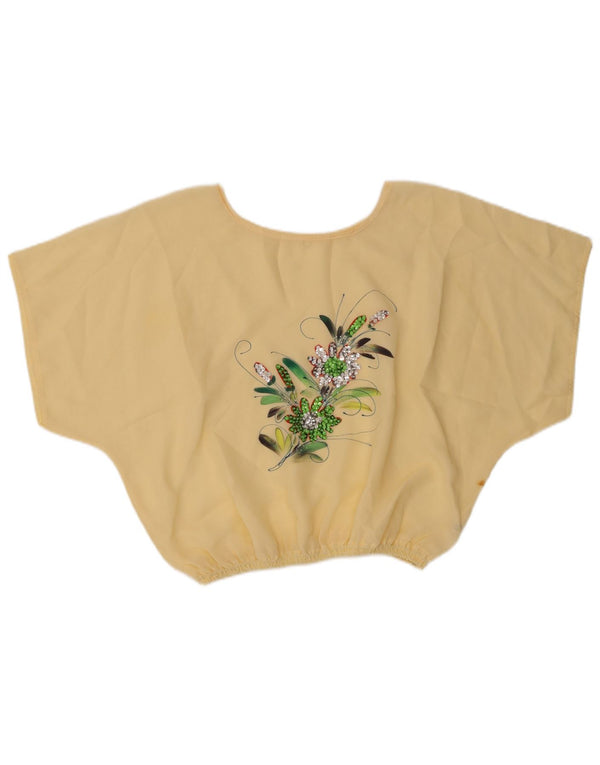 Vintage ženski gornji dio kratke bluze UK 16 Veliki bež cvjetni poliester