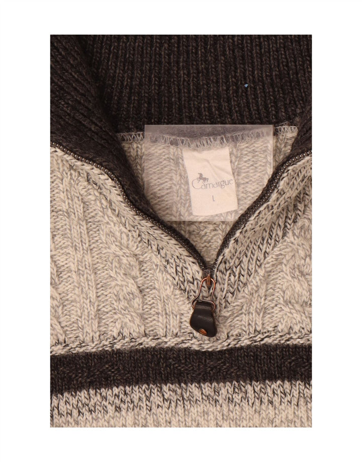 CAMARGUE Mens Zip Neck Jumper Sweater Large Grey Striped Polyacrylic