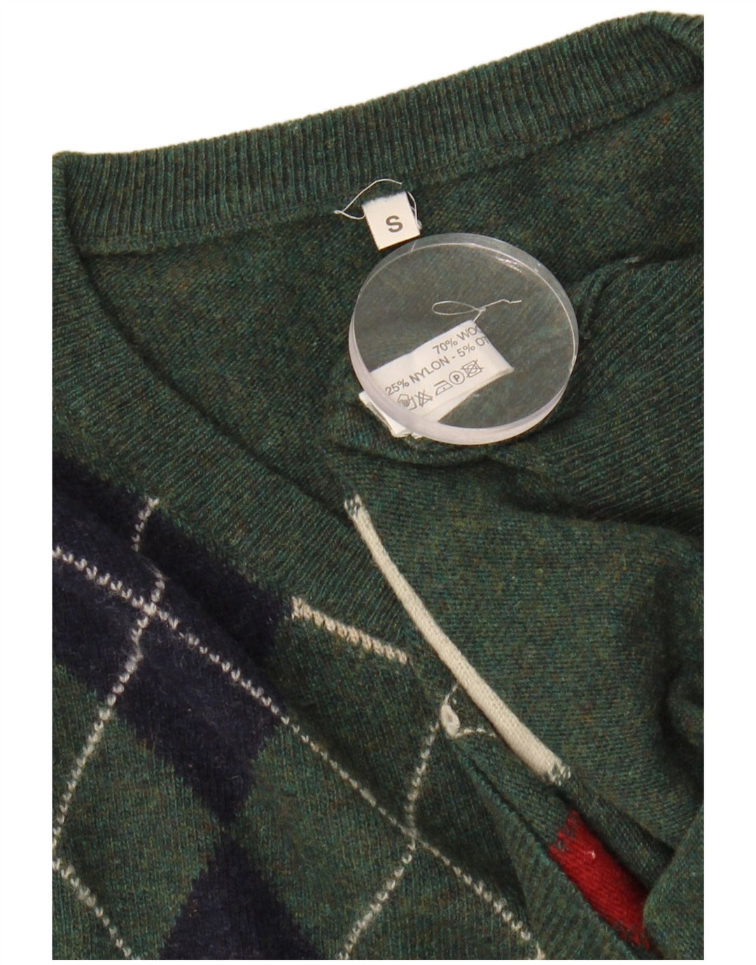 VINTAGE Mens V-Neck Jumper Sweater Small Green Argyle/Diamond Wool
