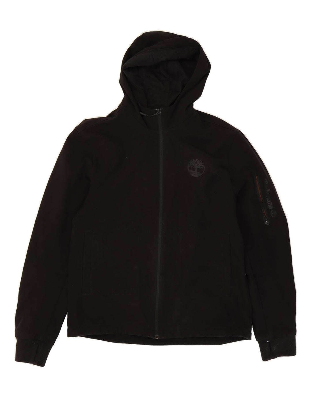 TIMBERLAND Mens Graphic Hooded Tracksuit Top Jacket Medium Black Polyester Vintage Timberland and Second-Hand Timberland from Messina Hembry 