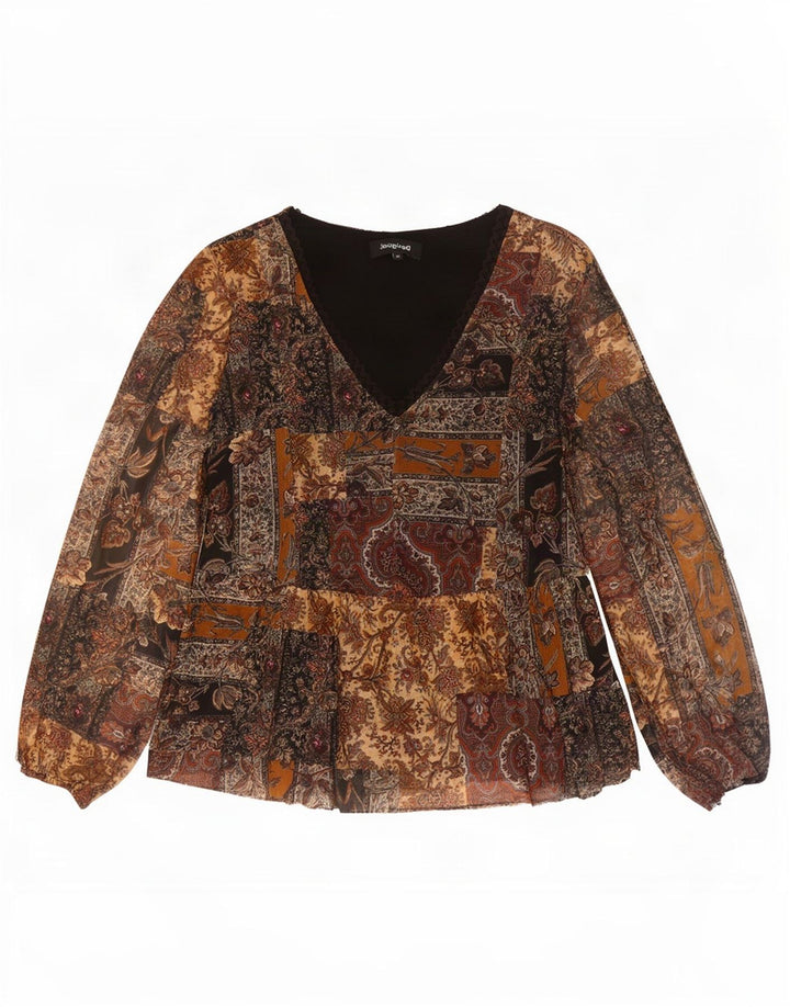 Desigual ženski gornji dio bluze dugih rukava UK 14 Srednje smeđi poliester s paisley motivima