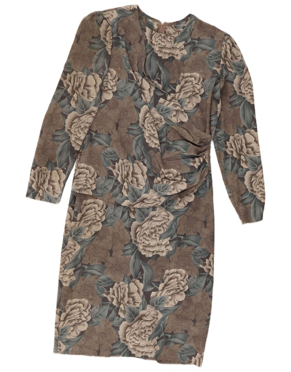 Vintage Womens Long Sleeve Sheath Dress UK 12 Medium Grey Floral Polyester