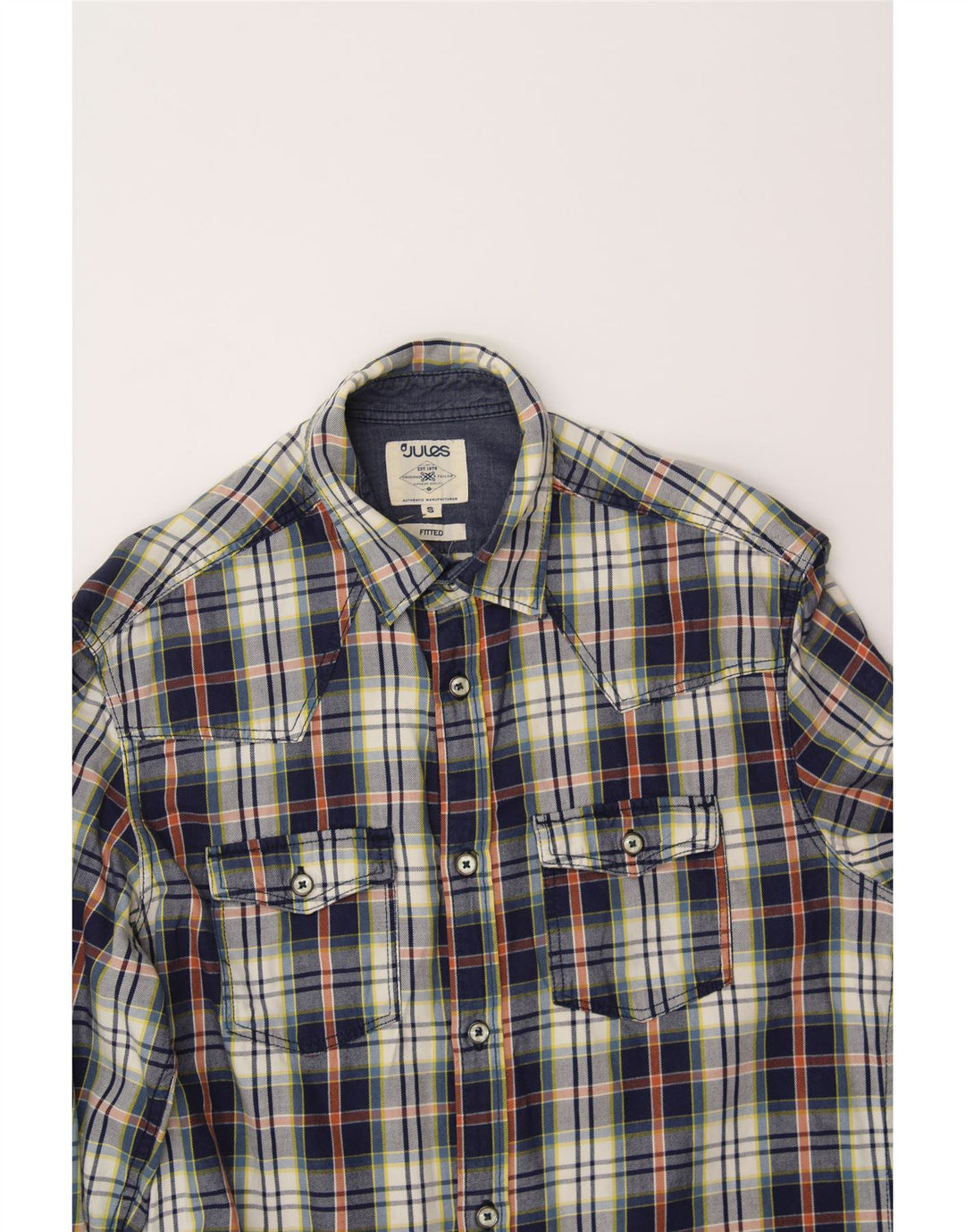JULES Mens Fitted Flannel Shirt Small Navy Blue Check Vintage Jules and Second-Hand Jules from Messina Hembry 