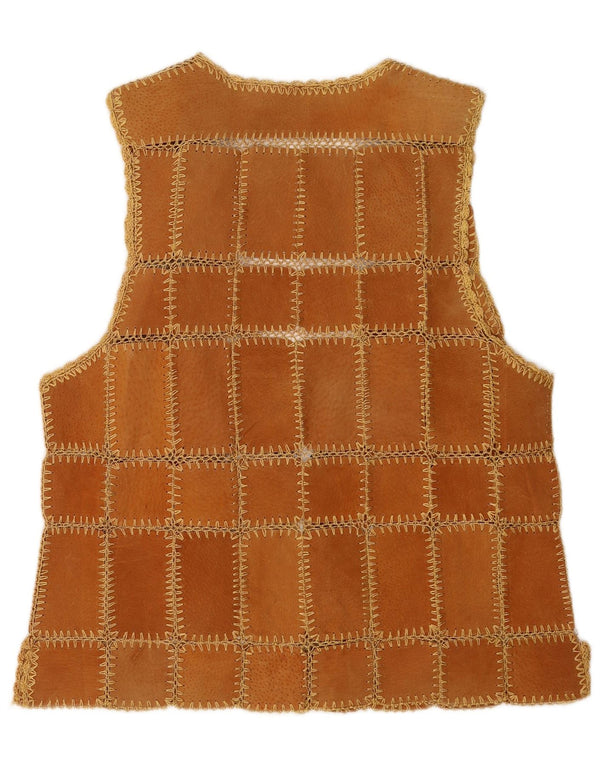Vintage ženski prsluk od brušene kože XL smeđi patchwork