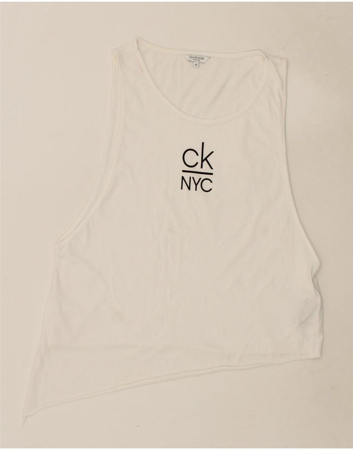 CALVIN KLEIN Womens NYC Graphic Asymmetric Vest Top UK 14 Medium White Vintage Calvin Klein and Second-Hand Calvin Klein from Messina Hembry 