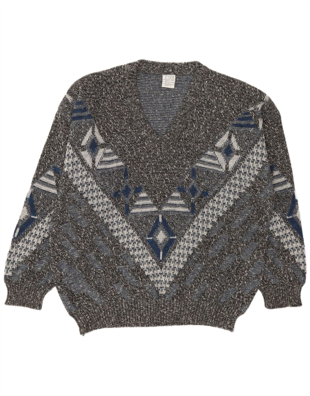 VINTAGE Muški džemper s V-izrezom UK 46/48 2XL Višebojni geometrijski