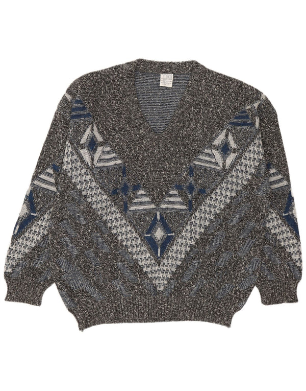 VINTAGE Muški džemper s V-izrezom UK 46/48 2XL Višebojni geometrijski