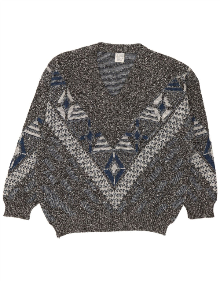 VINTAGE Muški džemper s V-izrezom UK 46/48 2XL Višebojni geometrijski