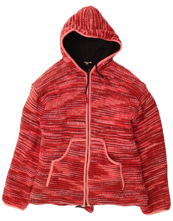 VINTAGE ženski kardigan pulover s kapuljačom UK 16 Vunena velika crvena flekasta