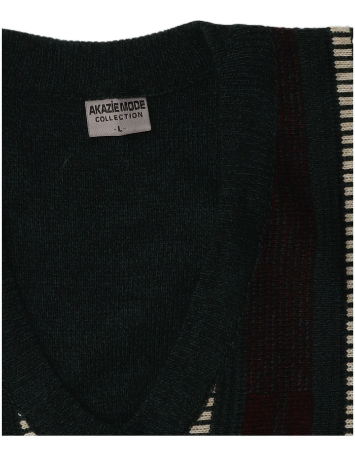 VINTAGE muški džemper s V-izrezom, veliki akril na zelene pruge