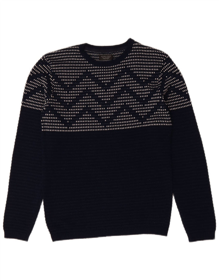 ZARA Mens Crew Neck Jumper Sweater Small Navy Blue Chevron
