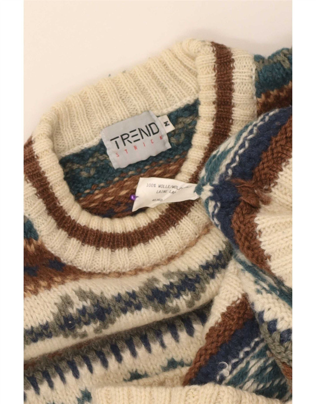 Vintage muški džemper s okruglim izrezom srednje bež boje Fair Isle vune