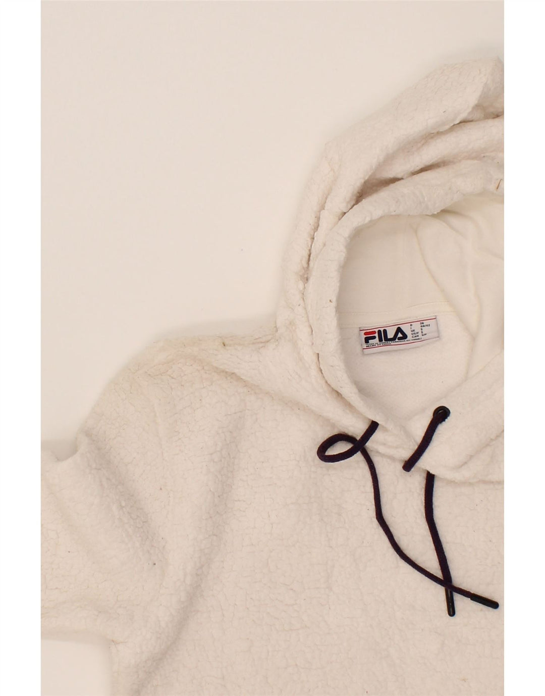FILA Womens Hooded Fleece Jumper UK 10 Small White Polyester Vintage Fila and Second-Hand Fila from Messina Hembry 