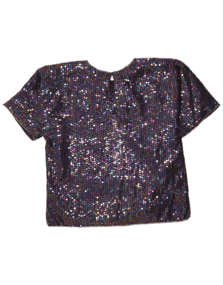 JEWEL QUEEN Womens Sequin Blouse Top UK 12 Medium  Navy Blue Silk