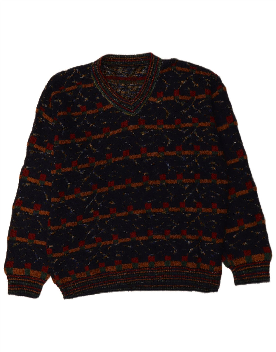 VINTAGE muški pulover s V-izrezom XL tamnoplava geometrijska vuna