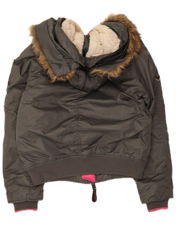 Superdry Womens Hooded Padded Flight Aviator Jacket UK 14 Medium Grey Nylon