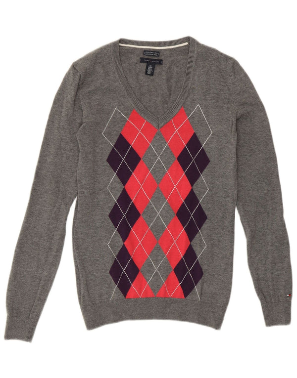 TOMMY HILFIGER Ženski džemper s V-izrezom UK 6 XS Sivi Argyle/Diamond