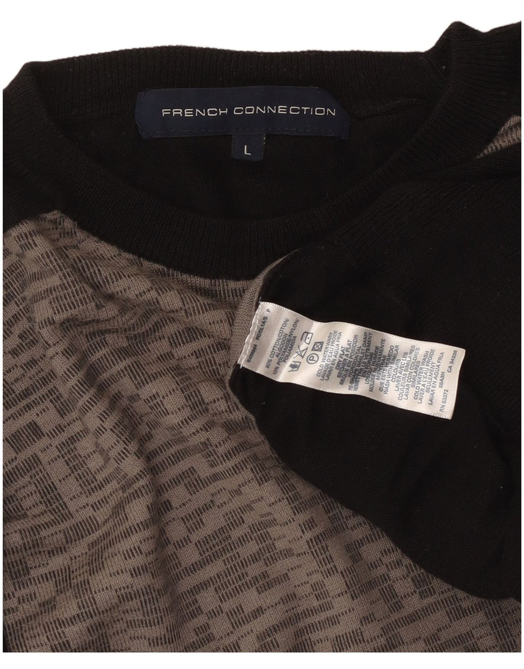 FRENCH CONNECTION Mens Boat Neck Jumper Sweater Large Black Geometric