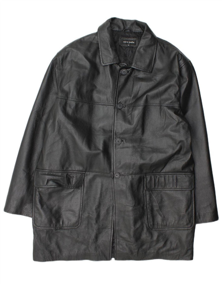 VINTAGE Mens Leather Coat IT 54 2XL Black Leather
